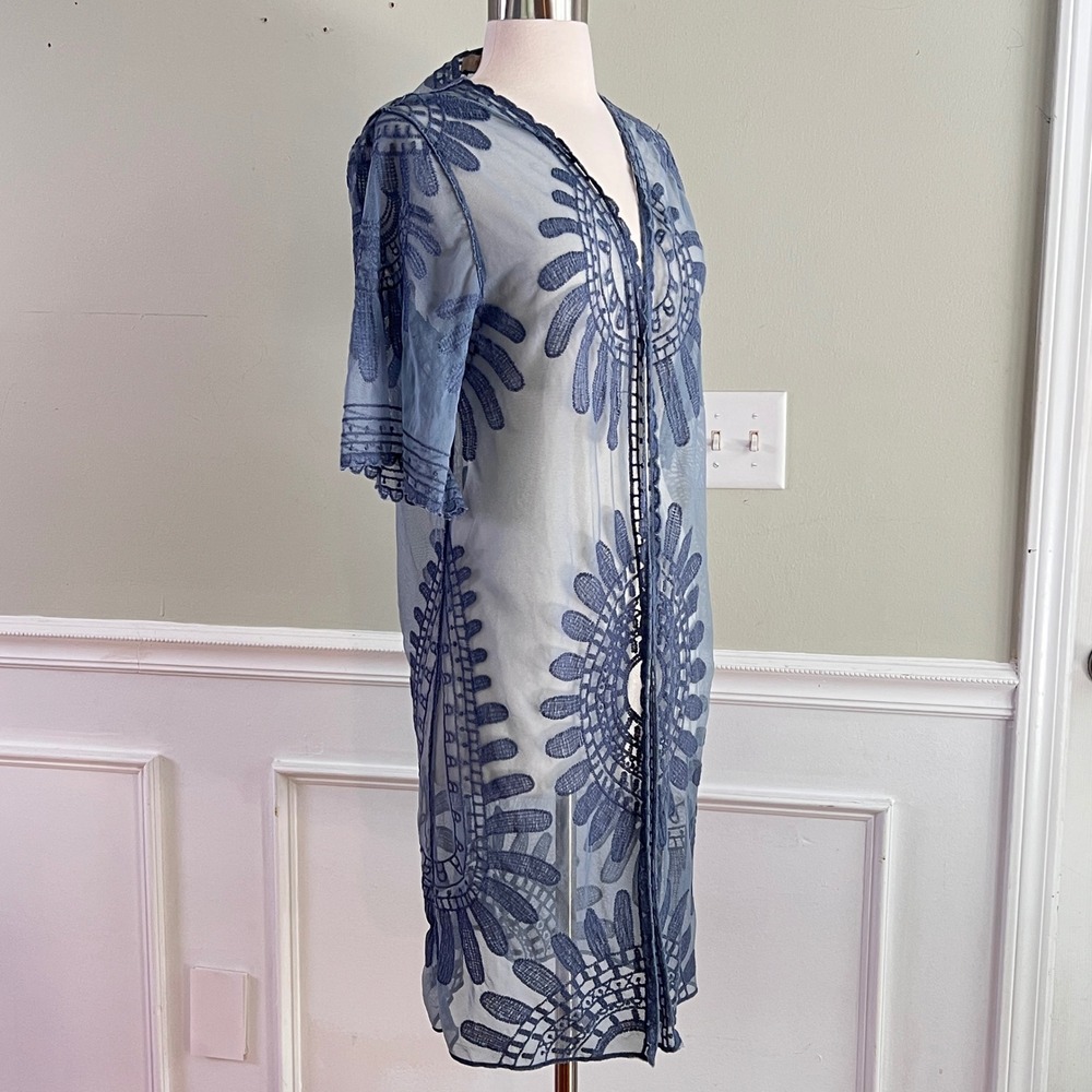 Rebellion Lace Sheer Kimono Cardigan OS Women Hippie Mesh Blue Layering Ethereal - Picture 5 of 12
